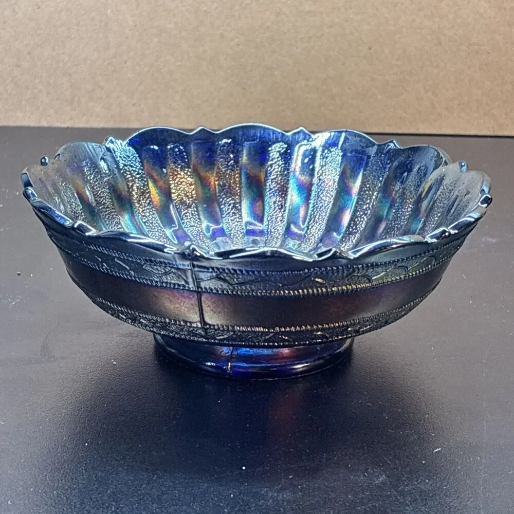 Fenton Carnival Glass Cobalt blue Scale Band Stippled Rays Bowl